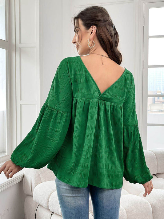 Plus Size Texture V-Neck Long Sleeve Top - Hovatok