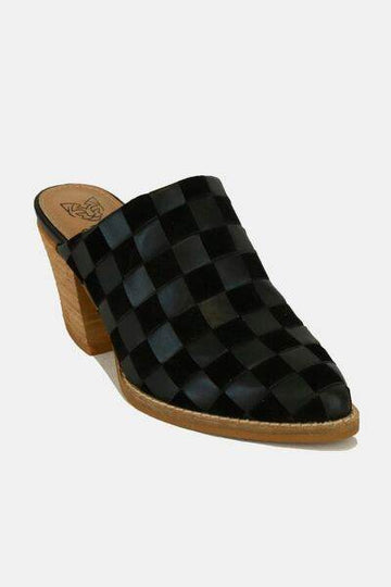Beast Fashion Woven Checkerboard Block Heel Mule Shoes - Hovatok