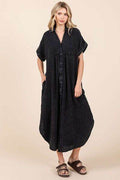 Mittoshop Mineral Wash V Neck Button Up Midi Shirt Dress - Hovatok