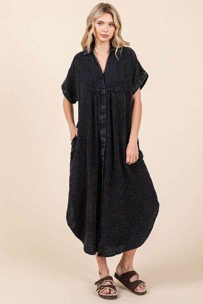 Mittoshop Mineral Wash V Neck Button Up Midi Shirt Dress - Hovatok
