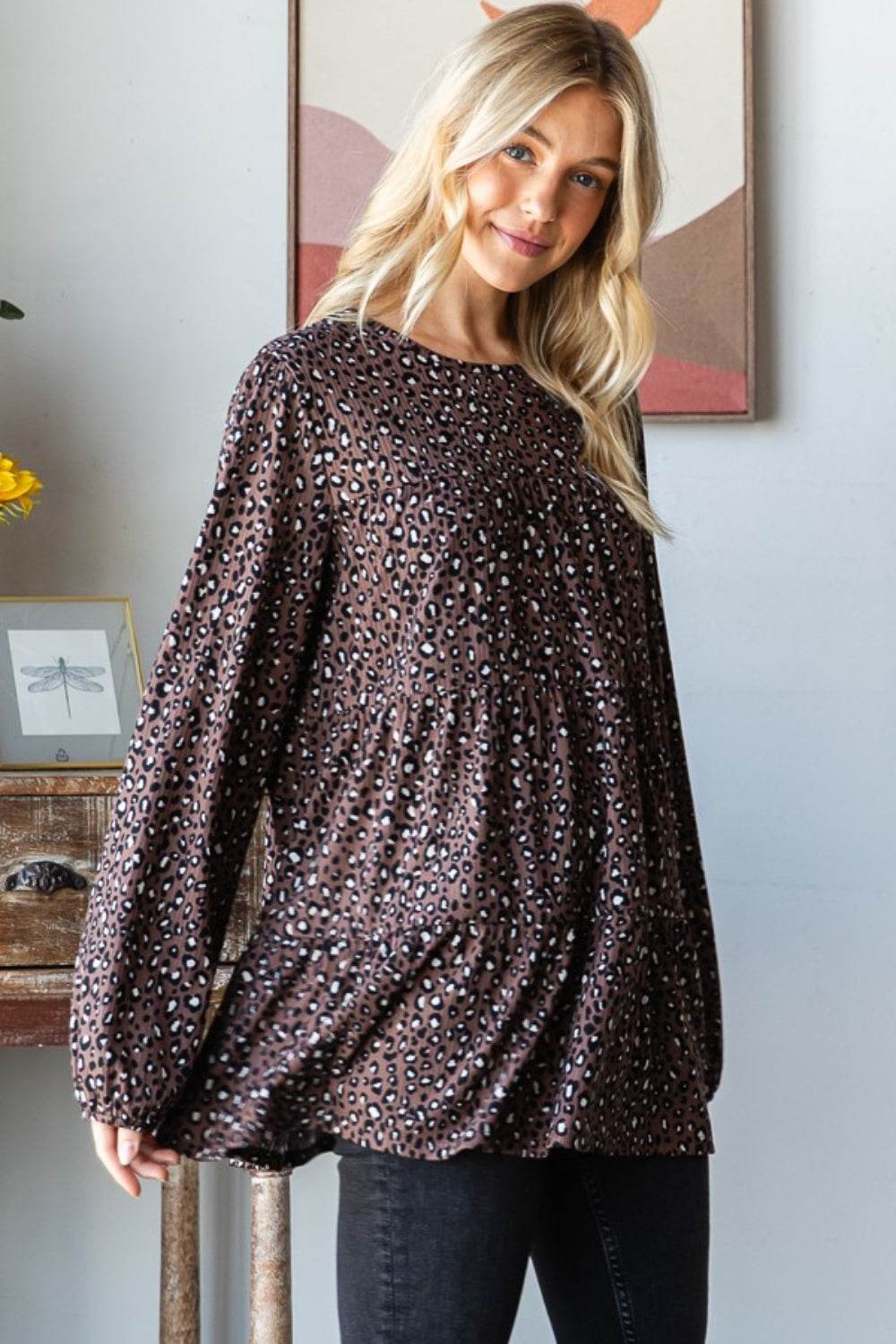 Heimish Leopard Long Sleeve Tiered Blouse - Hovatok