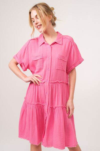 And The Why Full Size Raw Edge Washed Tiered Shirt Dress - Hovatok
