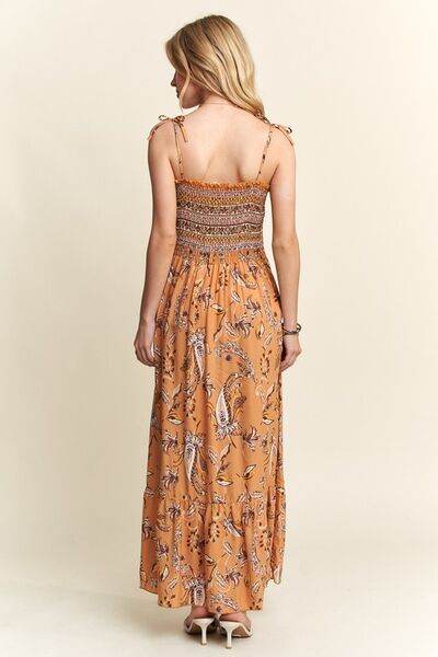 ADORA Smocked Printed Square Neck Tie Shoulder Cami Dress - Hovatok