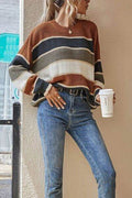 Contrast Striped Round Neck Long Sleeve Sweater - Hovatok