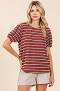 Mittoshop Contrast Striped Short Puff Sleeve Knit Top - Hovatok