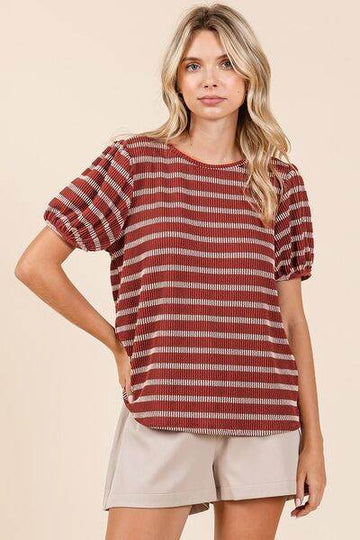 Mittoshop Contrast Striped Short Puff Sleeve Knit Top - Hovatok
