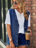 Full Size V-Neck Button Up Denim Vest - Hovatok