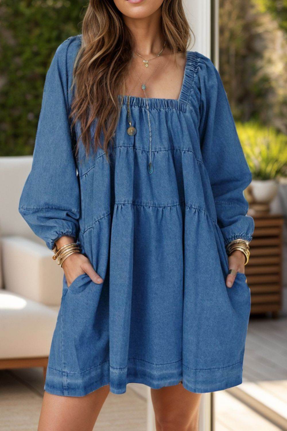 Tied Square Neck Long Sleeve Denim Dress with Pockets - Hovatok