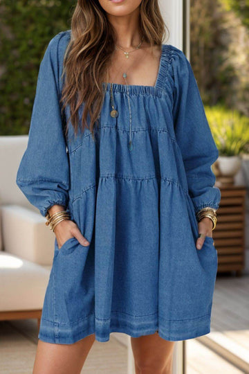 Tied Square Neck Long Sleeve Denim Dress with Pockets - Hovatok