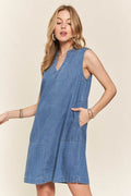 ADORA Notched Sleeveless Denim Dress with Pockets - Hovatok