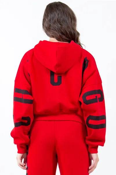 American Bazi Letter Graphic Long Sleeve Drawstring Cropped Hoodie - Hovatok