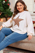 Plus Size Studded Star Round Neck Long Sleeve Blouse - Hovatok