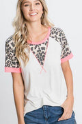 HeimishFull Size Leopard Round Neck Short Sleeve T-Shirt with Stitch Plus Size - Hovatok