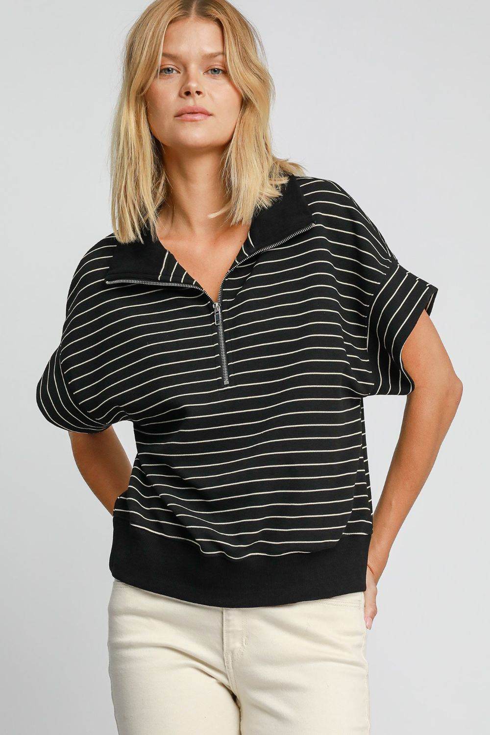 Umgee Striped Half Zip Short Sleeve Sweatshirt - Hovatok