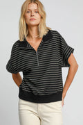 Umgee Striped Half Zip Short Sleeve Sweatshirt - Hovatok