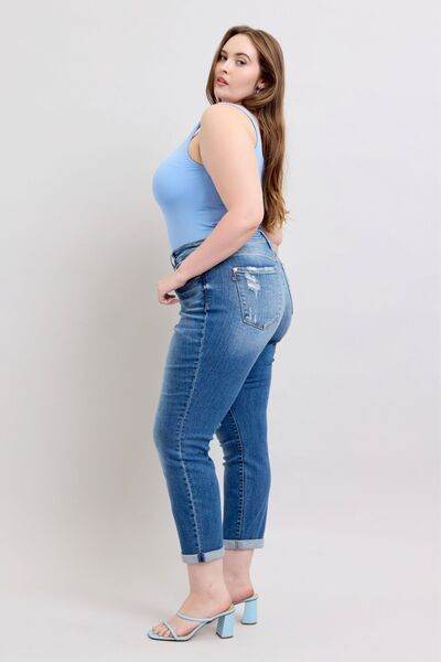 Judy Blue Full Size Button Fly Distressed Jeans with Pockets Plus Size - Hovatok