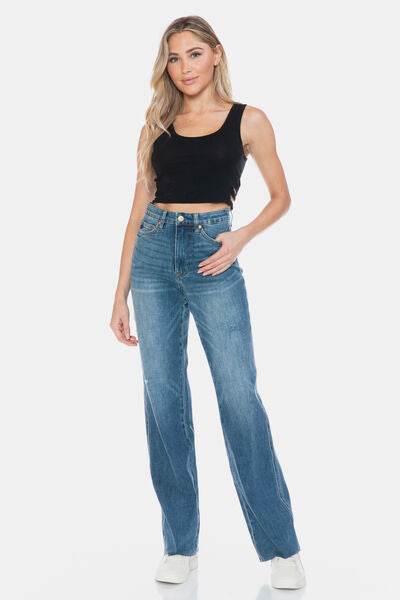 Judy Blue Full Size Tummy Control Cut Raw Hem Straight Jeans - Hovatok