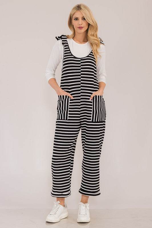 Celeste Full Size Striped Scoop Neck Overalls with Pockets - Hovatok
