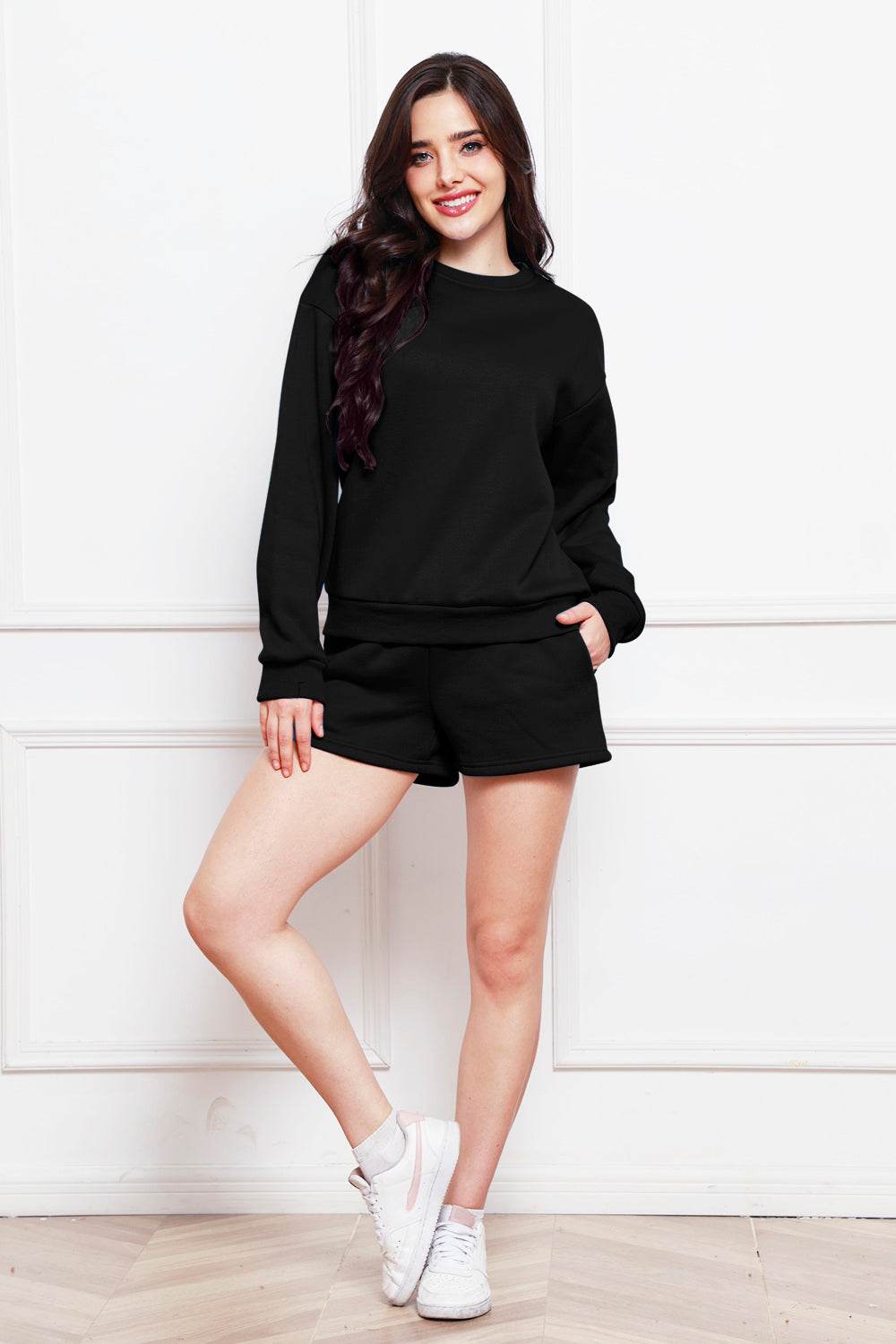 Round Neck Long Sleeve Sweatshirt and Drawstring Shorts Set - Hovatok
