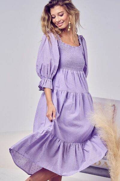 BiBi Swiss Dot Flounce Sleeve Smocked Tiered Midi Dress - Hovatok