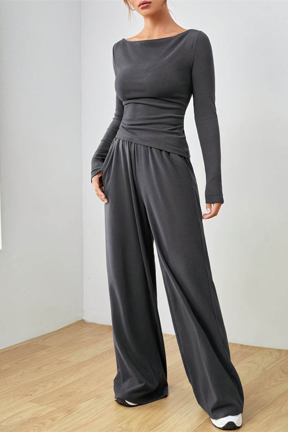 Boat Neck Long Sleeve Top and Pants Set - Hovatok