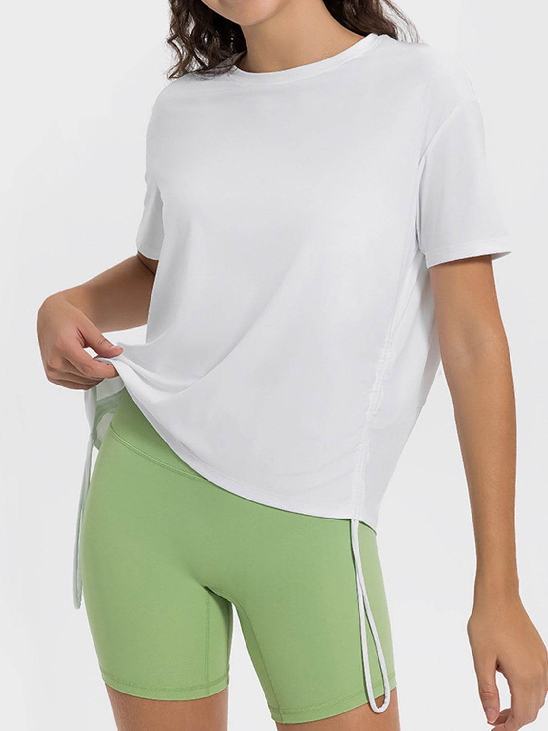 Millennia Drawstring Round Neck Short Sleeve Active T-Shirt - Hovatok