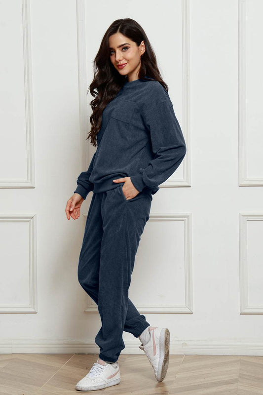 Corduroy Round Neck Sweatshirt and Sweatpants Set - Hovatok