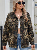 Pocketed Leopard Long Sleeve Denim Jacket - Hovatok