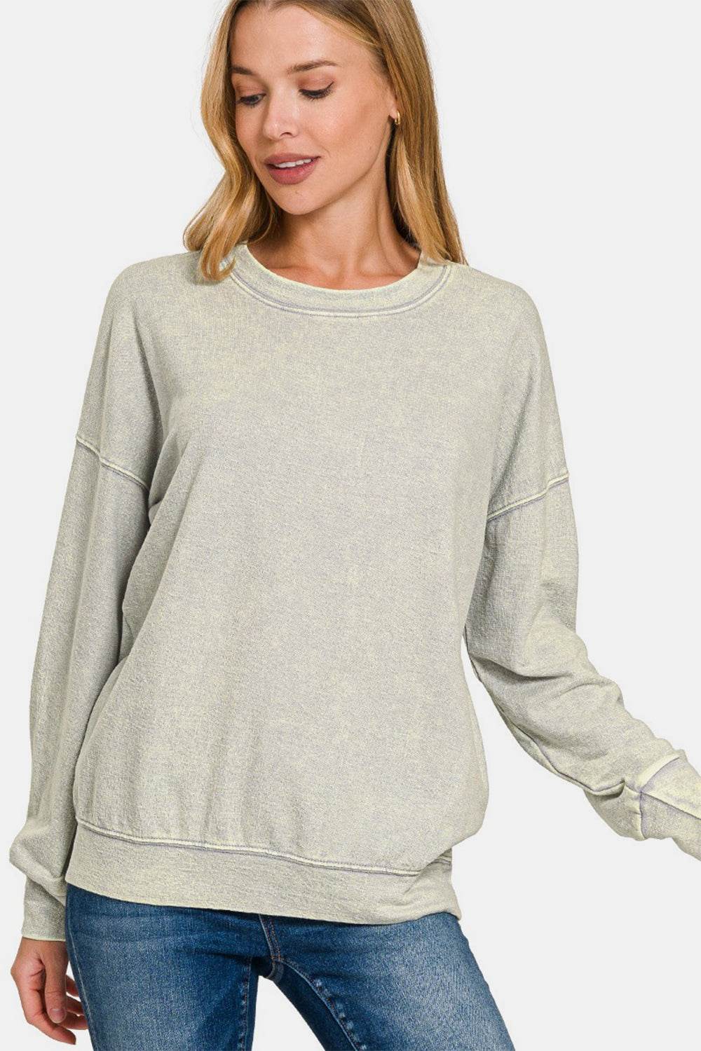 Zenana Washed Round Neck Dropped Shoulder Sweatshirt - Hovatok