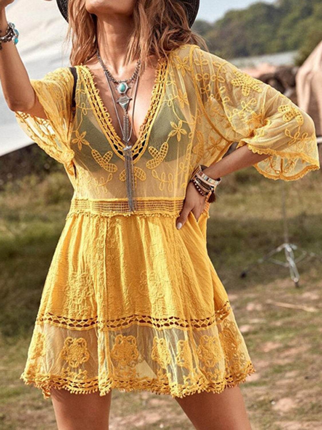 Lace Detail Plunge Cover-Up Dress - Hovatok