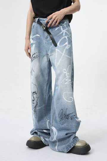 Mid Rise Graffiti Print Distressed Wide Leg Jeans - Hovatok