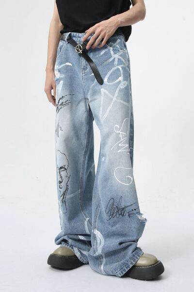 Mid Rise Graffiti Print Distressed Wide Leg Jeans - Hovatok