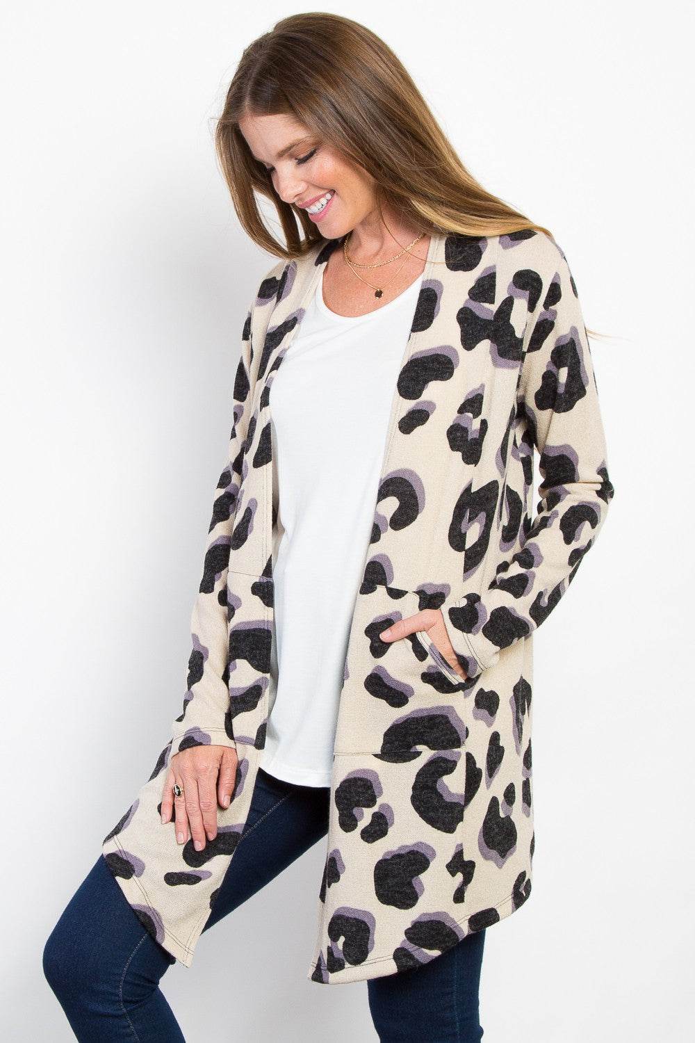 Be Stage Printed Open Front Knit Cardigan with Pockets - Hovatok