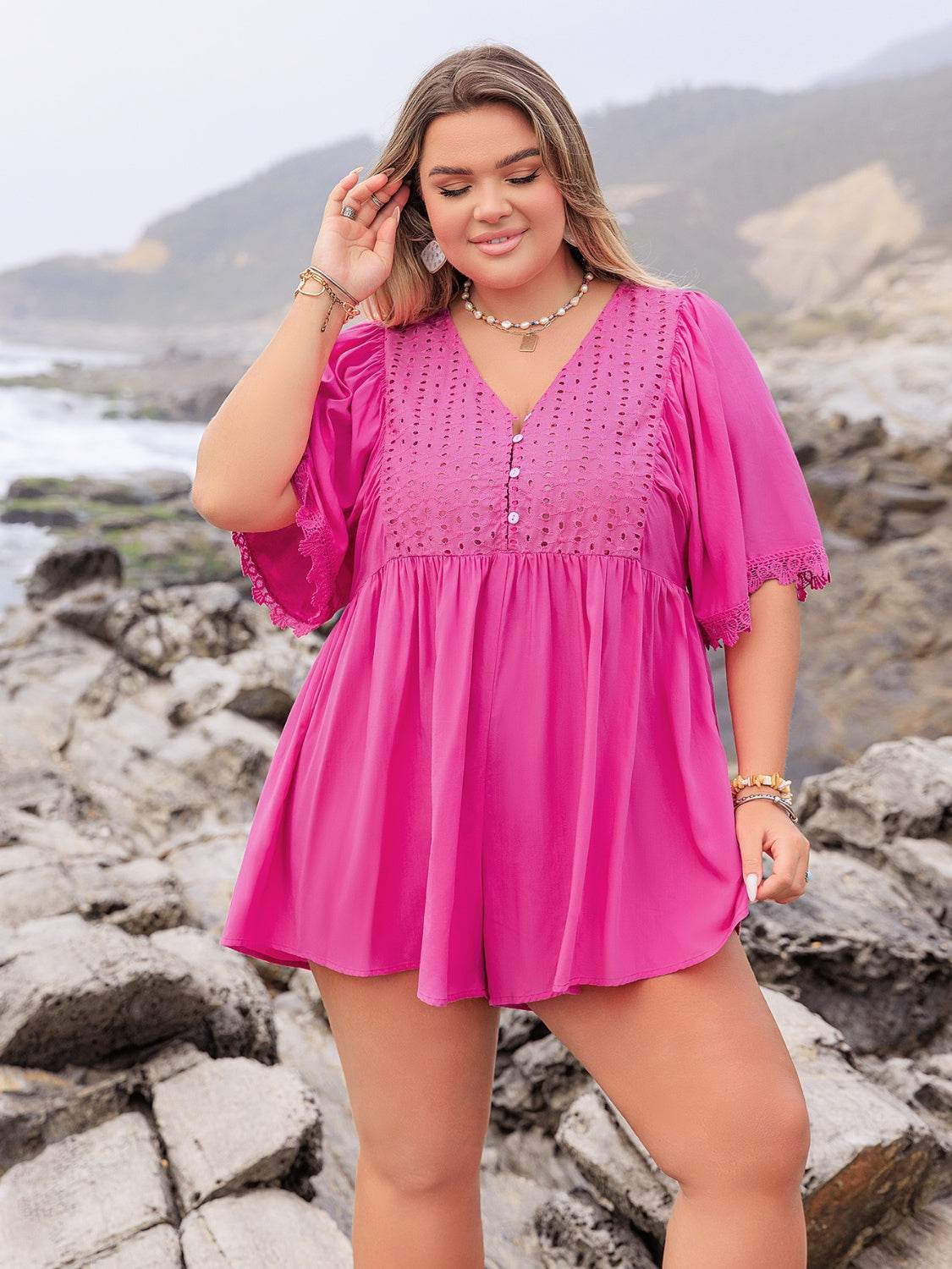 Plus Size Lace Detail V-Neck Half Sleeve Romper - Hovatok