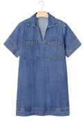 Short Sleeve Collared Patched Pocket Denim Mini Dress - Hovatok