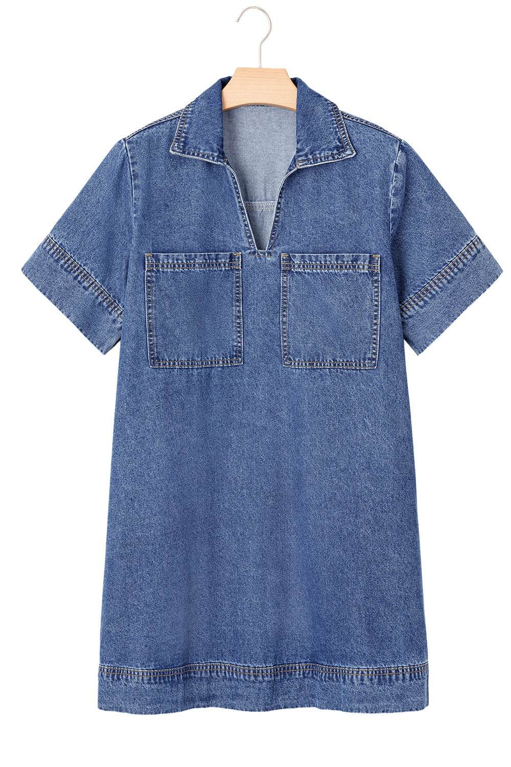 Short Sleeve Collared Patched Pocket Denim Mini Dress - Hovatok