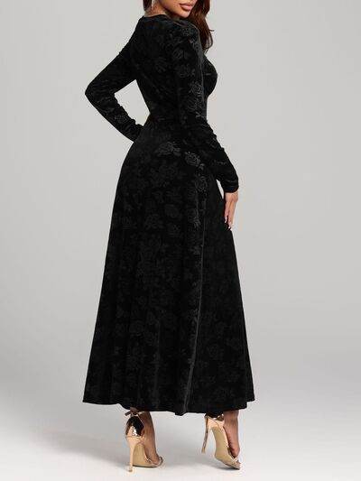 Rose Print V-Neck Long Sleeve Dress - Hovatok