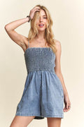 ADORA Smocked Spaghetti Strap Denim Romper - Hovatok