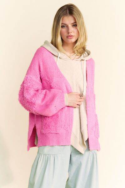 Davi & Dani Side Slit Open Front Long Sleeve Cardigan - Hovatok