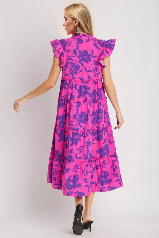 Oh Full Size Ruffled Printed Notched Cap Sleeve Midi Dress - Hovatok