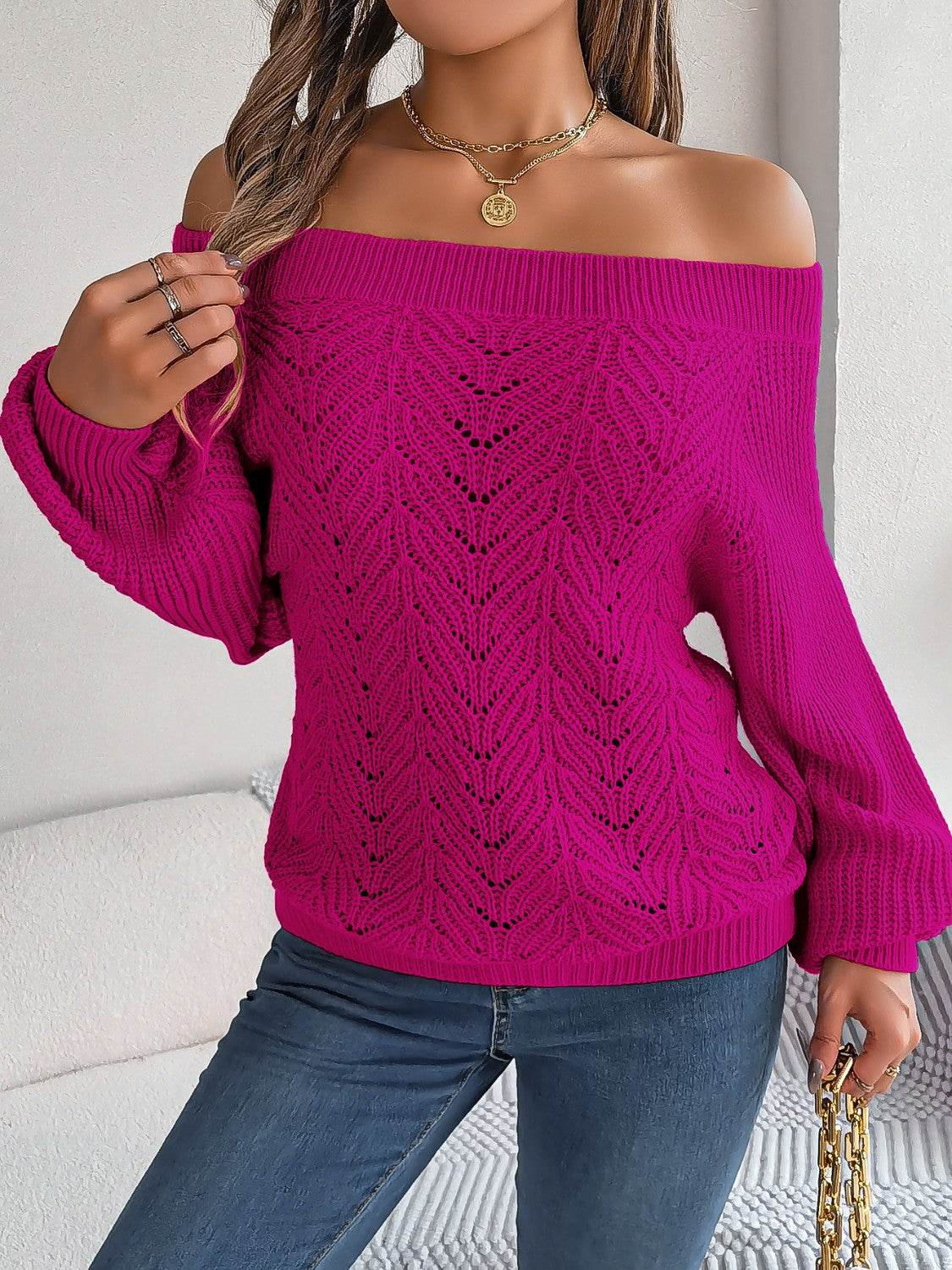 Openwork Off-Shoulder Long Sleeve Sweater - Hovatok