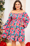 Plus Size Smocked Floral Square Neck Balloon Sleeve Dress - Hovatok