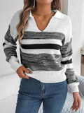 Striped Collared Neck Long Sleeve Sweater - Hovatok