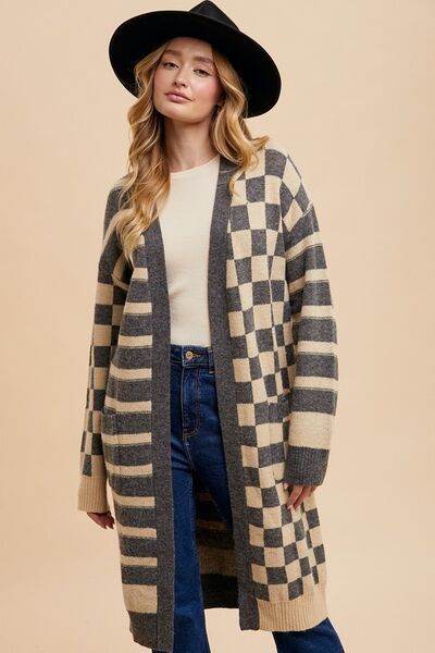 Annie Wear Checkered & Striped Open Front Long Sleeve Cardigan - Hovatok