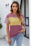 Color Block Round Neck Short Sleeve T-Shirt - Hovatok