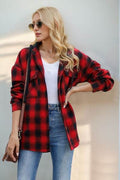 Double Take Drawstring Plaid Long Sleeve Hooded Shacket - Hovatok