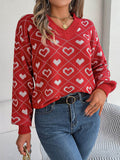 Heart Pattern V-Neck Long Sleeve Sweater - Hovatok