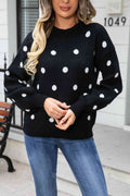 Angel Wings Woven Right Polka Dot Round Neck Dropped Shoulder Sweater - Hovatok