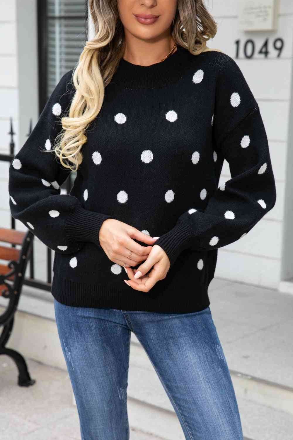 Angel Wings Woven Right Polka Dot Round Neck Dropped Shoulder Sweater - Hovatok
