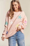 ADORA Stars Pattern Round Neck Drop Shoulder Sweater - Hovatok